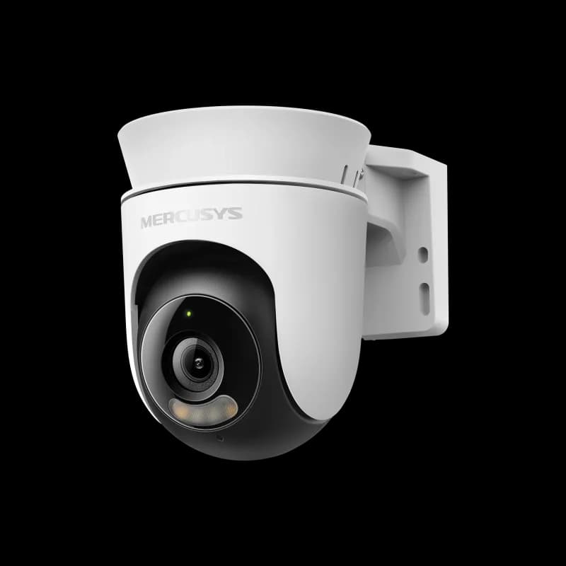Outdoor Pan/Tilt Security Wi-Fi Camera SPEC: 2K resolution (2304*1296), Pan and Tilt (360° Horizontal), Built- in microphone and speaker, Color Night Vision, 2.4GHz Wi-Fi FEATURE: MERCUSYS APP, Pan/Tilt, Smart Detection and Notification (Motion & Person), Motion Tracking, Sound and Light Alarm