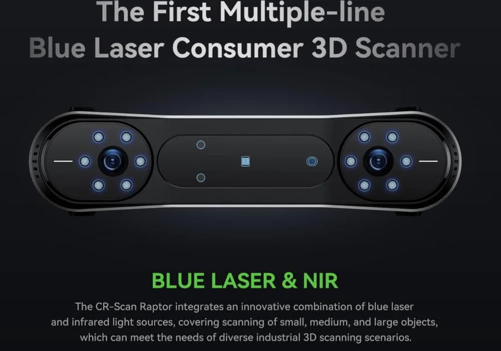 CREALITY 3D SCANNER CR-SCAN RAPTOR, mod scanare: Blue Light(Blue 7-line laser) / NIR(infrared binocular structured light), Acuratete: 0.02mm @ 100mm, Rezolutie: 0.02-2mm, Viteza scanare: pana la 60fps, volum minim scanare: 5mm x 5mm x 5mm, Raza single capture: 270mmx170mm@300mm, Distanta scanare — miniatură