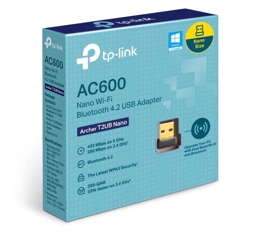 ADAPTOR RETEA TP-LINK AC600, extern wireless 2.4 GHz | 5 GHz si Bluetooth 4.2, USB 2.0, port, 600 Mbps, antena interna x 1, "Archer T2UB Nano" — miniatură