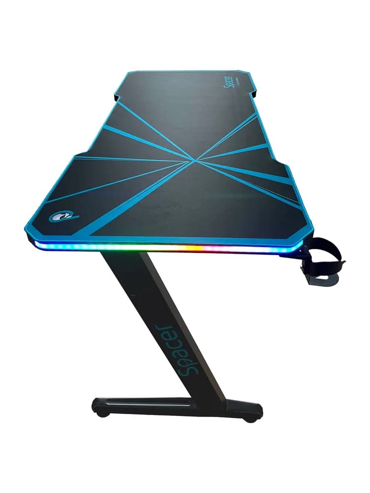 BIROU GAMING Spacer, dimensiuni 1400 x 600 x 18 mm, blat MDF invelit in fibra de carbon cu mousepad pe toata suprafata, suport casti si cana metalice, picioare reglabile manual, RGB, telecomanda wireless "SPGD-RGB-140-02" — miniatură