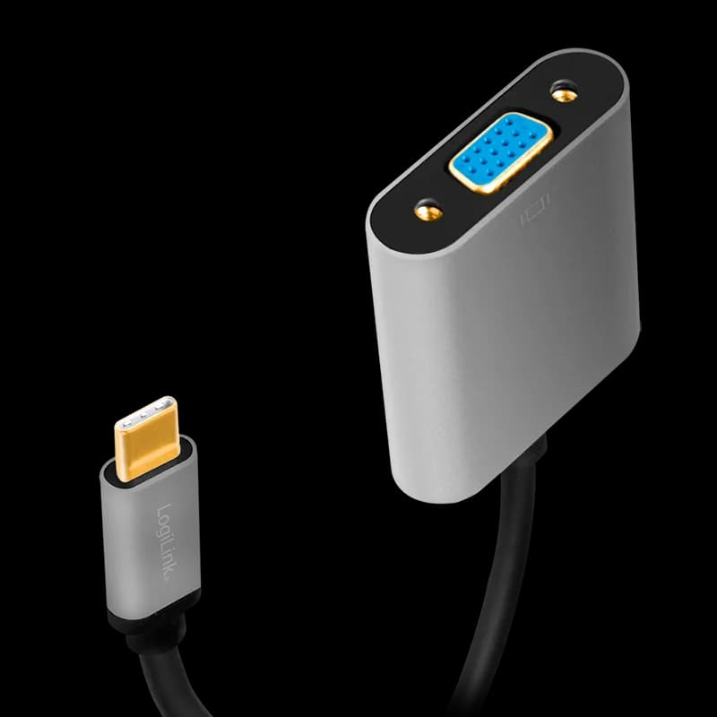 ADAPTOR video LOGILINK, adaptor USB-C (T) la VGA (M), 0.15m, conectori auriti, rezolutie maxima Full HD (2048 x 1536), aluminiu, dublu ecranaj, negru-gri, "CUA0104" — miniatură