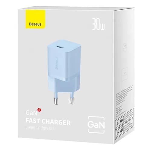 INCARCATOR retea Baseus Mini, GaN5 Fast Charger 30W, 1 x USB Type-C 5V/3A, albastru "CCGN070603" - 6932172624453 — miniatură