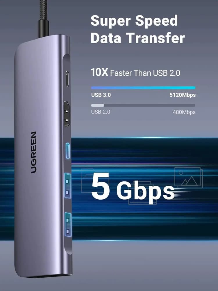 DOCKING Station Ugreen, "CM195" conectare PC USB Type-C, USB 3.0 x 2|HDMI x 1/4K/30Hz|Card reader x 1|USB Type C x 1 PD 100W, aluminiu, gri "15214" — miniatură