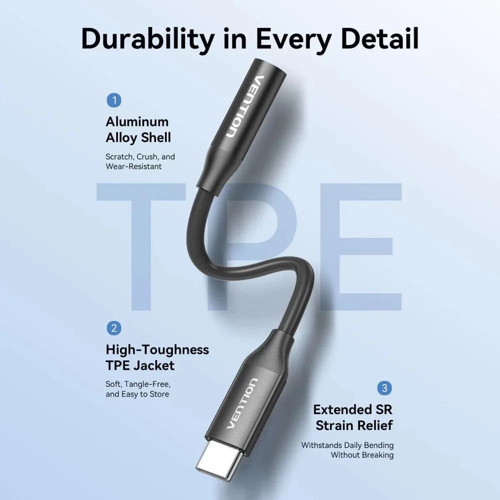 Adaptor audio Vention, USB-C (T) la Jack 3.5mm (M), 0.1m, PVC, negru, "BIIBA" -6922794792692 — miniatură