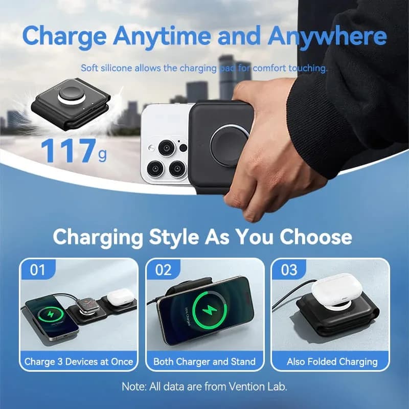 Statie incarcare wireless 3in1 Vention, MagSafe, telefon 15W, ceas 2.5W, casti 5W, fast charge, pliabil, magnetic, lumina LED, 1 x USB-C incarcare, negru, "FGGB0" - 6922794783836 — miniatură