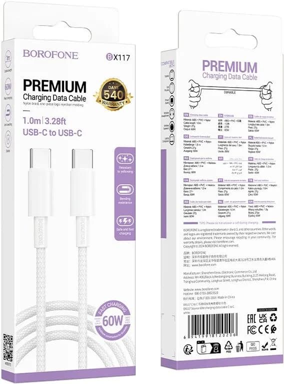 CABLU alimentare si date Borofone "BX117", Charging Data Cable pt. smartphone, USB Type-C la USB Type-C, 60W, 1m, alb "6941991120206" — miniatură