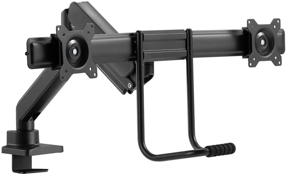 Brat dublu pentru monitor Neomounts, tip full motion, pentru display-uri cu diagonale 17"-32", sistem de prindere VESA 75x75~100x100mm, greutate maxima suportata 8kg per ecran, tilt +10°, -10°, swivel +90°, -90°, rotate +180°, -180°, reglabil pe inaltime 28cm, ajustarea latimii 54cm, ajustarea — miniatură