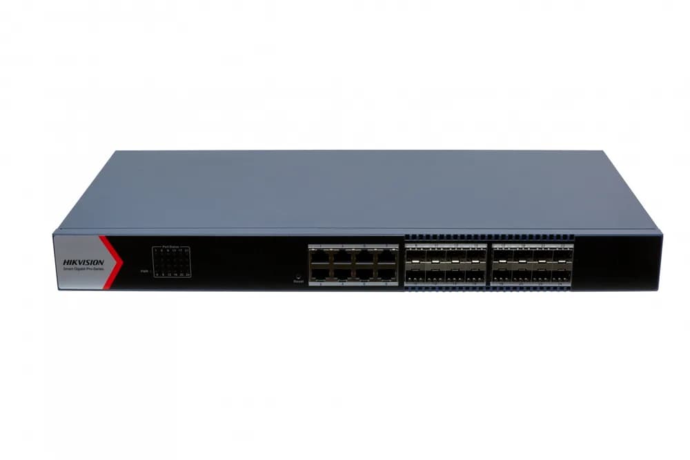 24 Port Aggregation Switch Hikvision DS-3E1524-SI-16F8T 8 x gigabit RJ45 port,16 x gigabit fiber optical port Support DHCP snooping Support 802.1Q VLAN Support ACL list Support STP/ERPS loop prevention, storm control Support ARP Anti-Spoofing Support SNMP, QoS 6 kV Surge Protection