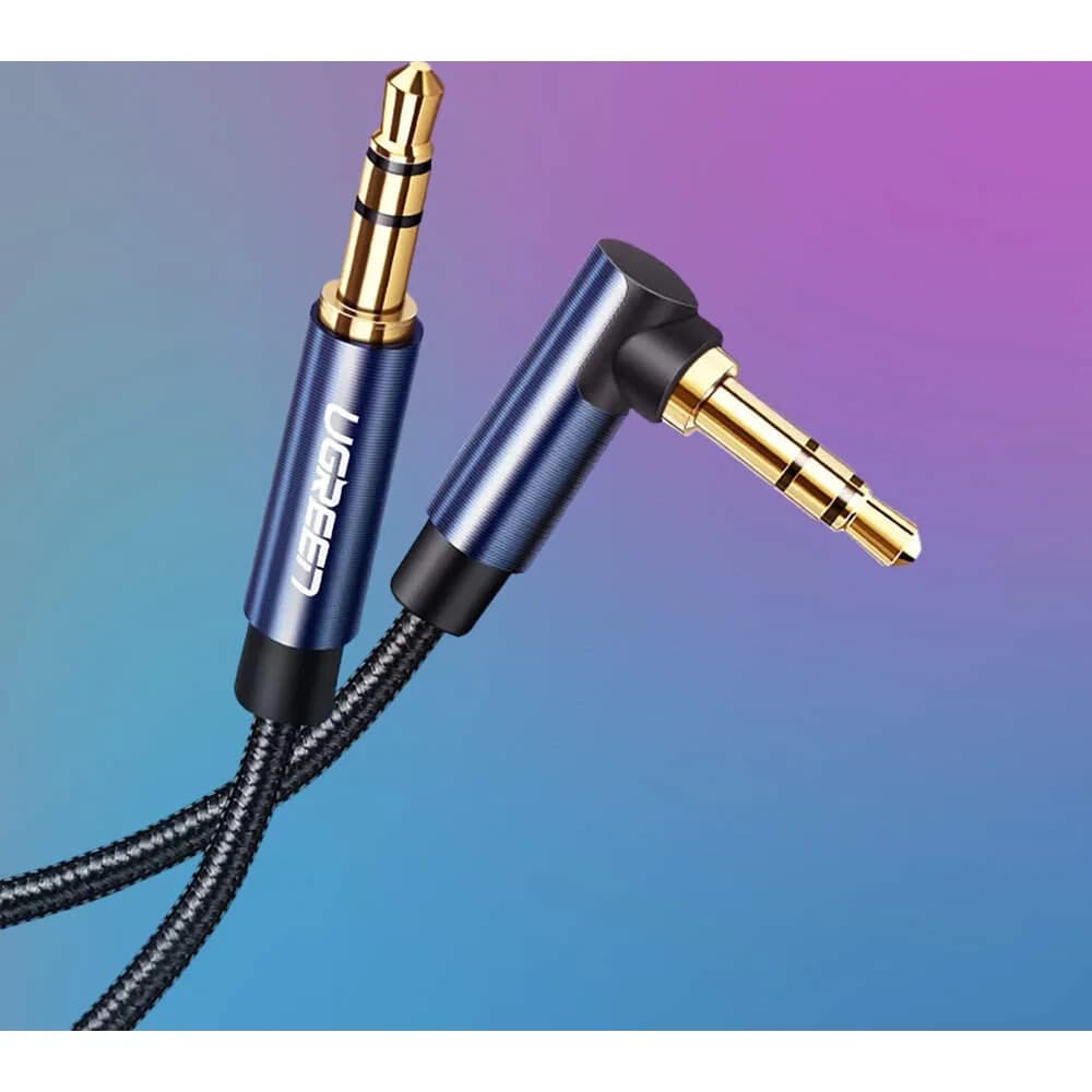 CABLU audio Ugreen, "AV112" stereo (3.5 mm jack T/T), conectori auriti, 1m, braided, unghi de 90 grade la un cap, albastru "60179" - 6957303861798 — miniatură