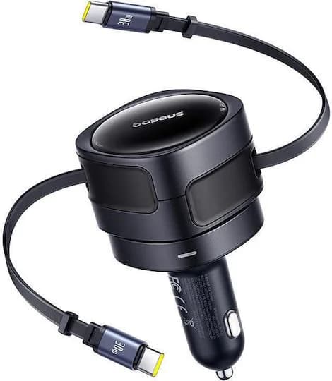 INCARCATOR auto Baseus Enjoyment Max, Quick Charge 60W, cablu retractabil integrat 2 x USB Type-C, negru "C00035507121-01" - 6932172682576 — miniatură
