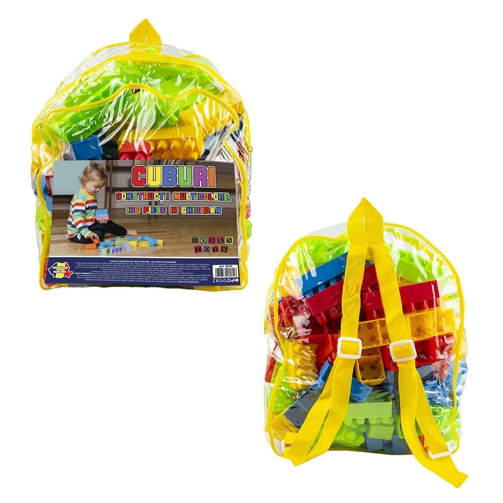Cuburi constructii, multicolore, 136 piese/ghiozdan - ROBENTOYS — miniatură