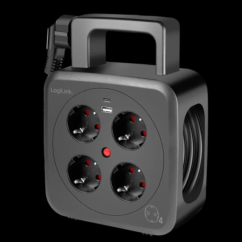 PRELUNGITOR LOGILINK, Schuko x 4, conectare prin Schuko (T), 16 A, 1xUSB-A, 1xUSB-C, comutator oprire termica, cablu 5m tip bobina, protectie IP20, negru, "LPS504"
