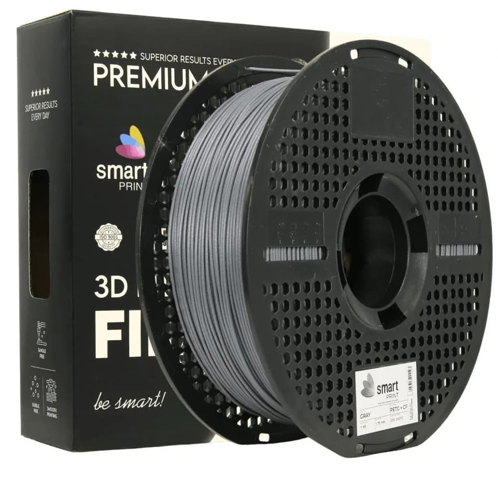 SMART PRINT 3D FILAMENT 1KG PETG+CF GRAY, continut de fibra de carbon, reztenta la deformare, rezistenta la caldura sporita, recomandare utilizare impreuna cu imprimanta cu incinta inchisa. Diametru: 1.75mm, Greutate: 1kg, Temperatura duza: 255C - 270C, Temperatura platforma printare: 80C - 90C.