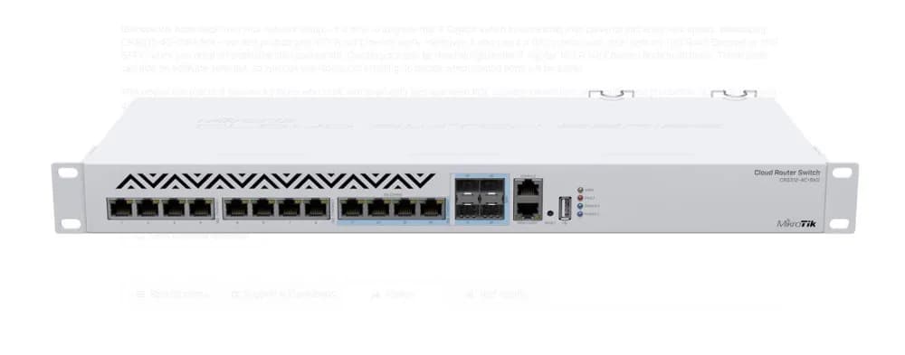 Mikrotik Switch, CRS312-4C+8XG-RM, Procesor: 650 MHz, sistem operare: RouterOS / SwitchOS, 64MB RAM, 16MB Flash, Interfata: 1 x 10/100, 4 x Combo 10G Ethernet/ SFP+, 8 x 1G/2.5G/5G/10G , USB type A, Dimensiuni: 443 x 183 x 44 mm.