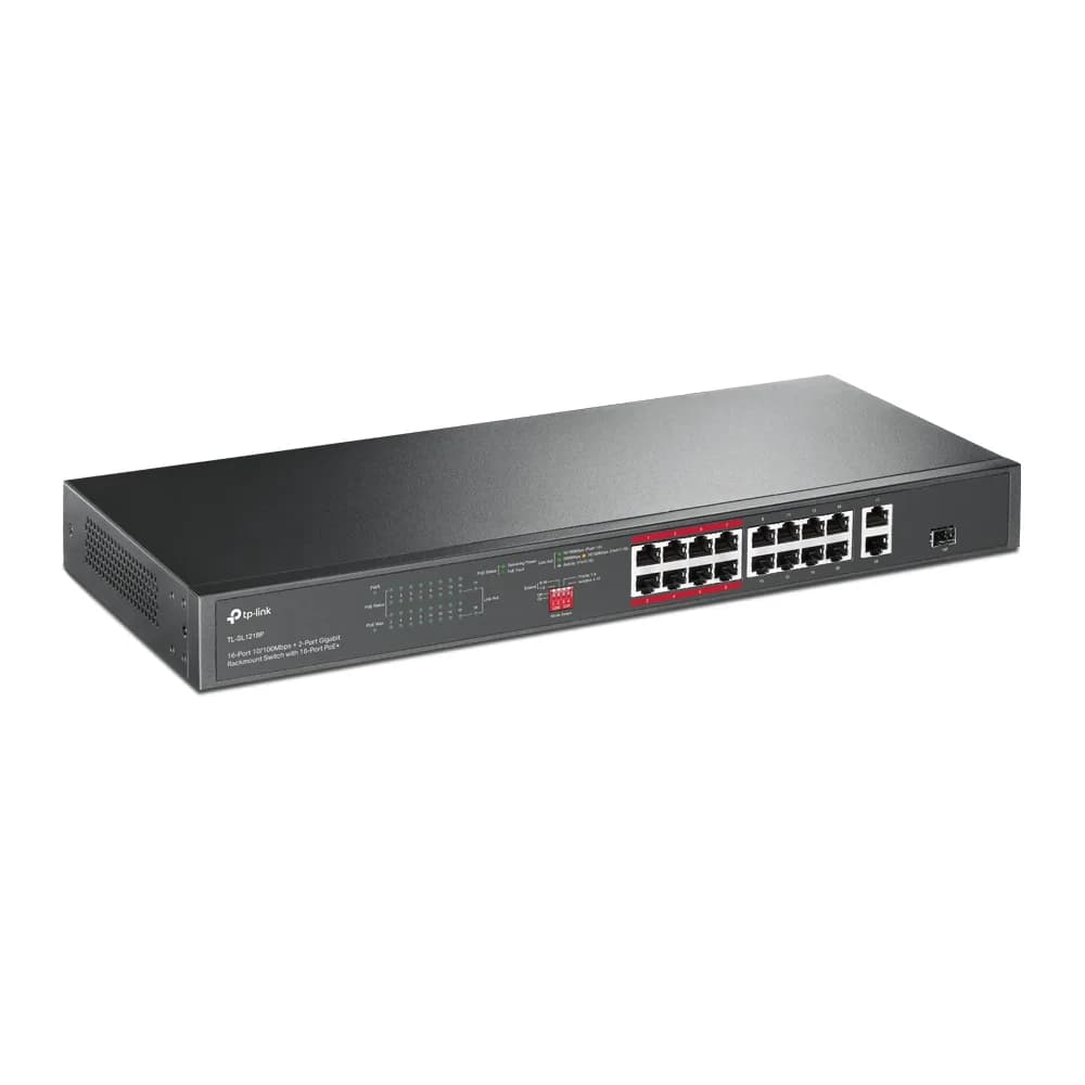 SWITCH TP-LINK 16 porturi, 16× PoE+ 10/100 Mbps RJ45, 2× Gigabit RJ45,1 x combo Gigabit SFP slot, carcasa metal "TL-SL1218P" — miniatură