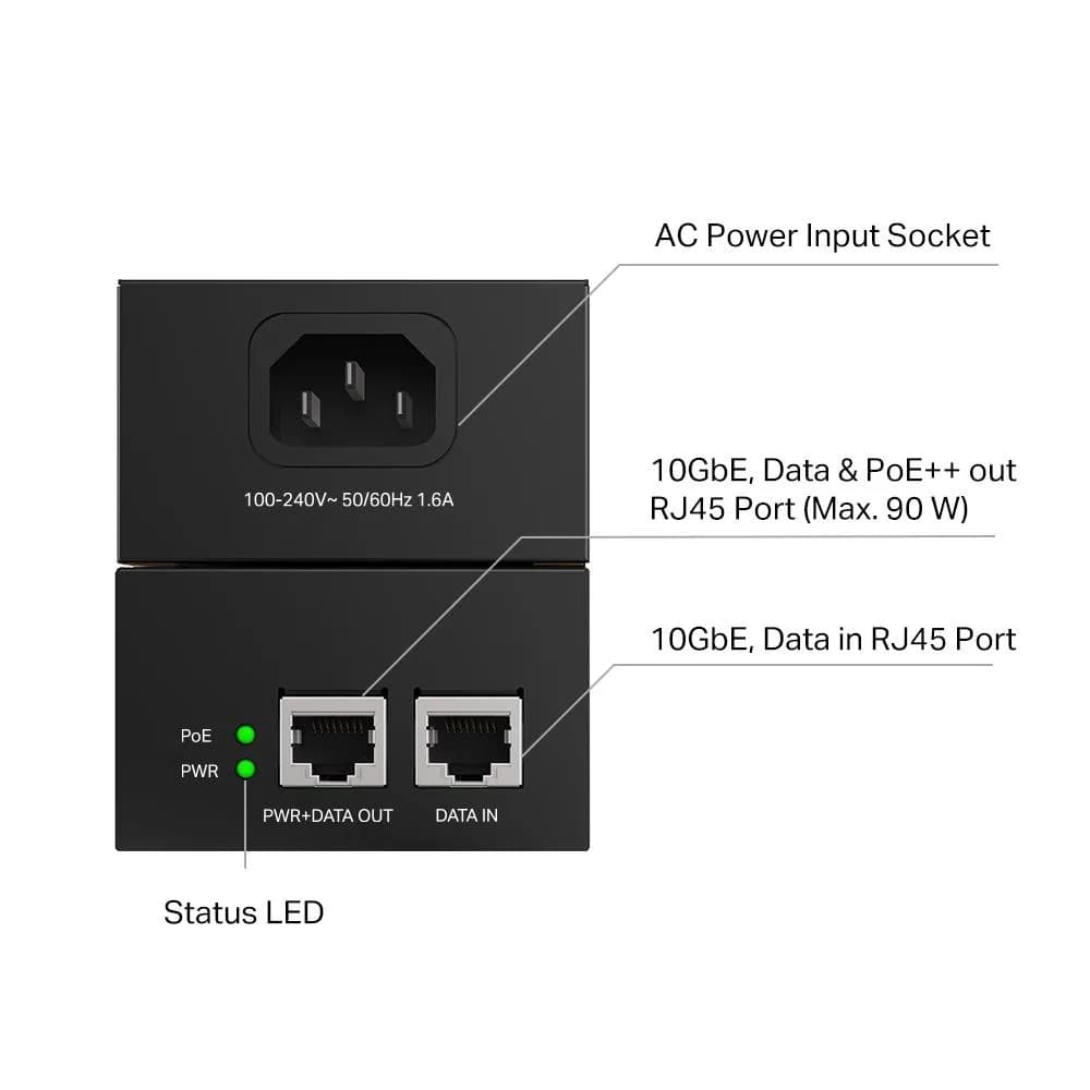 "Omada 10G PoE++ Injector Adapter PORT: 1× 10Gbps PoE Port, 1× 10Gbps Non-PoE Port SPEC: 802.3bt/at/af Compliant, 90 W PoE Power, Data and Power Carried over the same cable, Steel Case" — miniatură