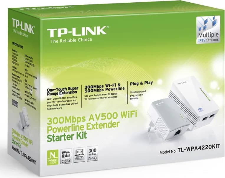 TP-Link, Adaptor PowerLine 300Mbps, Extender Wireless AV600 KIT, HomePlug AV,2 porturi 10/100Mbps, Butoane: Pair, Reset, Wi-Fi/Wi-Fi Clone, Aria de acoperire, 300 metri prin circuitul electric, 2.4- 2.4835GHz, Conținut Pachet: Powerline Ethernet Adapter TL-WPA4220 & TL- PA4010, Cablu de Rețea 2 m — miniatură