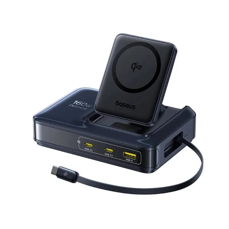 INCARCATOR retea Baseus Nomos NH21 5-in-1, 160W, Qi2 Wireless, 1 x USB, 3 x USB Type-C, cablu retractabil USB Type-C, negru "E0121700" (include TV 0.18lei) - 6953156211834
