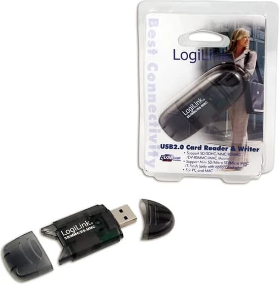 CARD READER extern LOGILINK, interfata USB 2.0, citeste/scrie: SD, MMC, RS-MMC; plastic, negru-transparent "CR0007" — miniatură