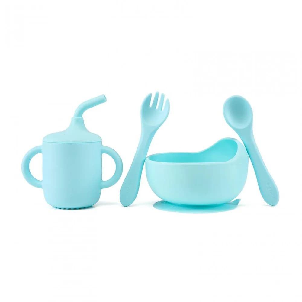 Set 4 piese diversificare din silicon: Cana cu pai, bol, lingurita si furculita, blue, U-Grow — miniatură
