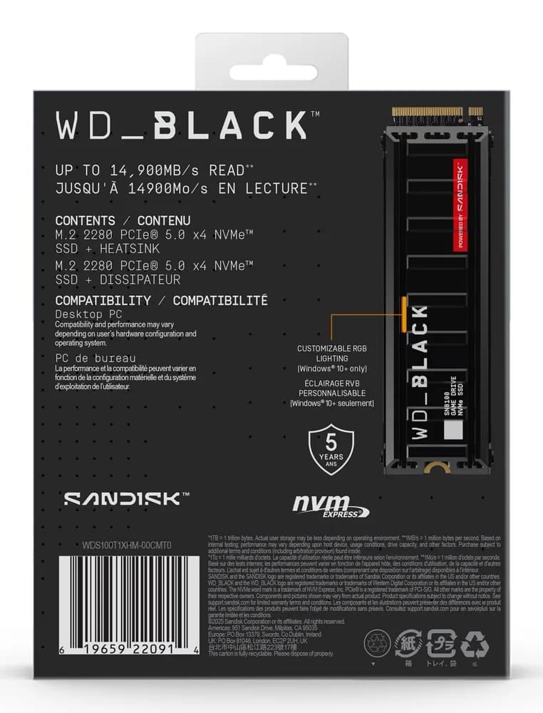 SSD WD_BLACK SN8100 HeatSink 1TB M.2 2280 PCIe Gen5 x4 NVMe, Read/Write: 14900/11000 MBps, IOPS 1600K/2400K, TBW: 600, powered by SanDisk "WDS100T1XHM-00CMT0" — miniatură
