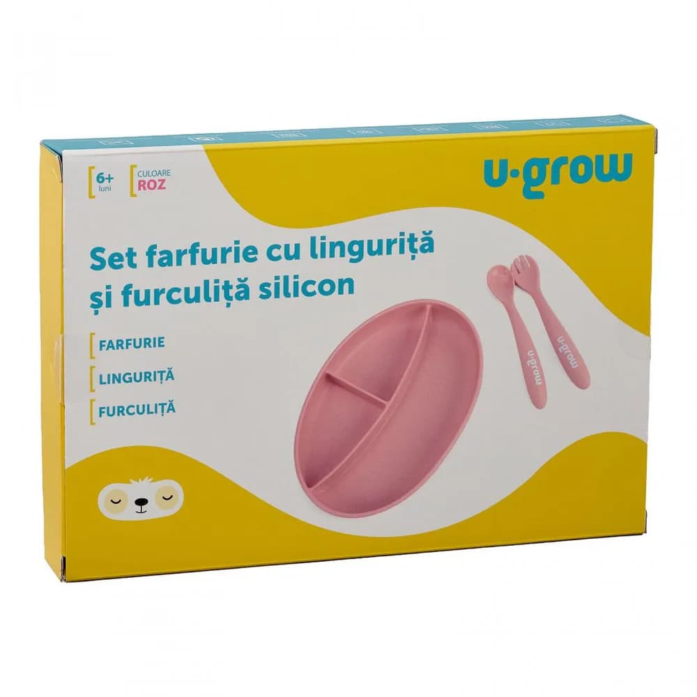 Set farfurie cu lingurita si furculita silicon, roz, U-Grow — miniatură
