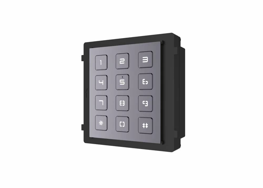 Modul de extensie videointerfon cu tastatura Hikvision DS-KD-KP; permite formarea codului de apartament sau a codului de acces; montajaplicat sau ingropat (accesoriile de montaj nu sunt incluse); iluminarepe timp de noapte; Protectie: IP65, IK7; Dimensiuni: 98.5 mm × 100 mm ×34.2 mm; Temperatura de