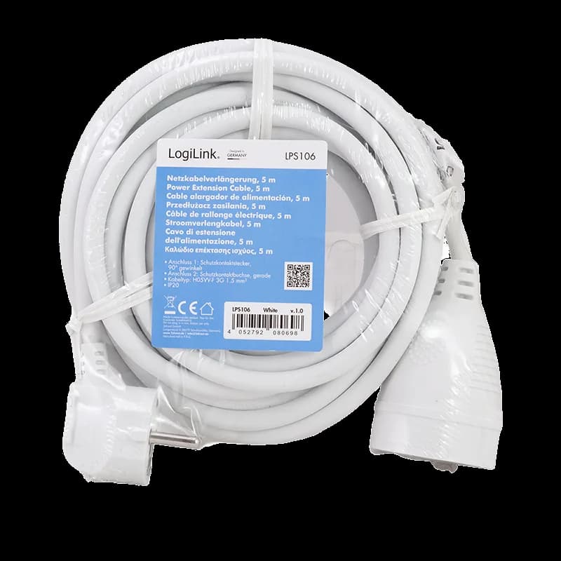 CABLU alimentare LOGILINK prelungitor, 5m, intrare Schuko (T) plug, iesire Schuko (M) plug 90 grade, 16A, 3500W, 3x1.5mm2, white, "LPS106" — miniatură