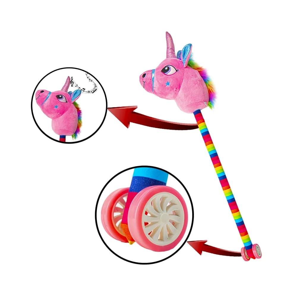 Unicorn de calarit, cu tija + rotile, cu sunet, mov/albastru/roz/galben, 80 cm — miniatură