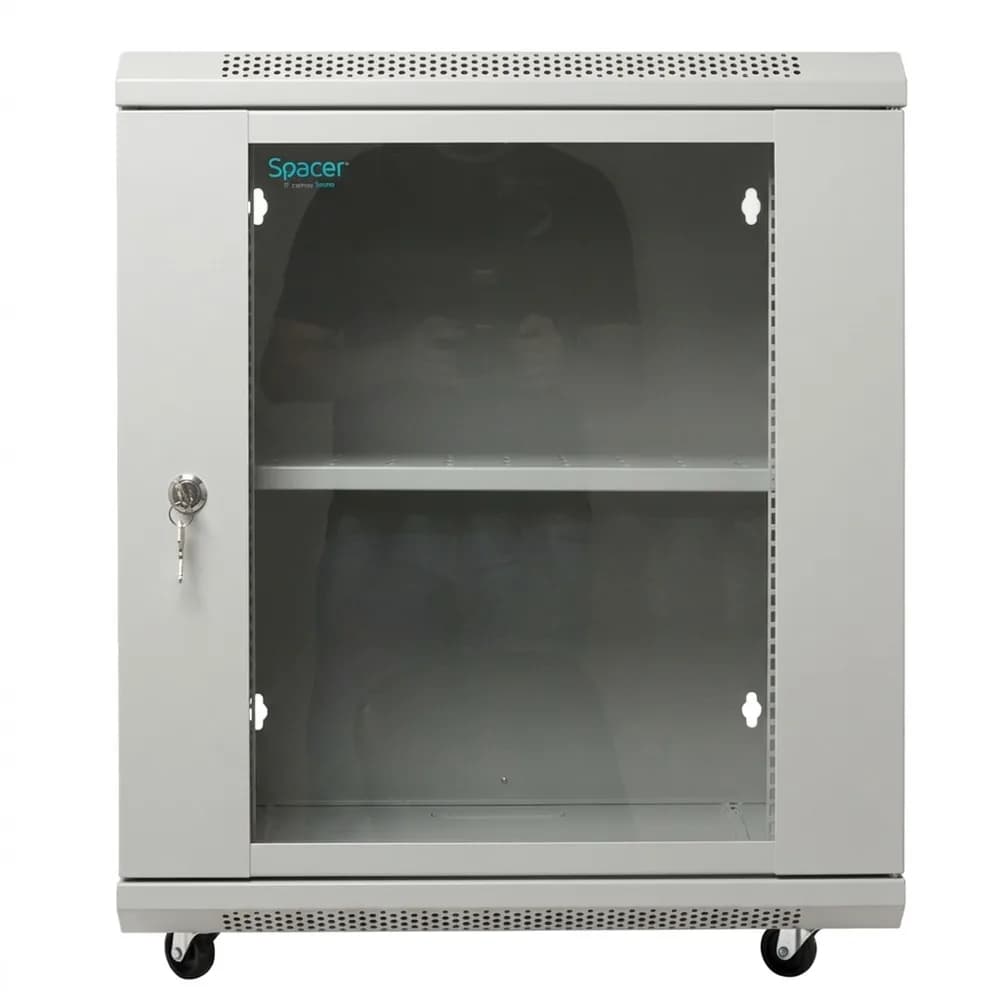 CABINET 19" SPACER 12U 500x450mm, fixare pe perete, Flatpack (dezasamblat), Grey, usa sticla cu blocare, panouri detasabile, otel 1mm, sarcina maxima 25Kg, contine un raft si roti, "SPCW-12U-450-GR-02" — miniatură
