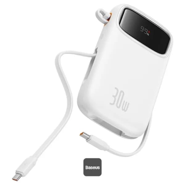 POWER BANK Baseus Qpow2 Digital Display, 10000mAh, 30W, 2 x USB Type-C output/input, 1 x USB, include cablu USB Type-C la USB Type-C 30cm, alb, "P10055008213-00" - 6932172667733