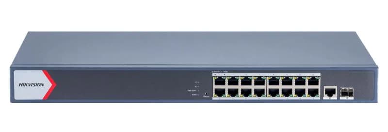 Switch PoE Hikvision DS-3E1518P-EI/M: 16 x gigabit PoE RJ45 ports, 1 × gigabit RJ45 port, 1 x gigabit fiber optical port, 16 porturi PoE maxim 30W, buget PoE 130W, tensiune alimentare 100~240 VAC, 50/60 Hz, Max. 2.5 A, dimensiuni: 440.0 mm × 220.8 mm × 44.0 mm, greutate: 2.7kg, montare in rack.