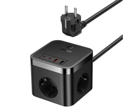 INCARCATOR RETEA Baseus GaN Powerstrip, Quick Charge 30W, 3 x AC, 2 x USB Type-C Output 5V/3A, 2 x USB, lungime cablu 1.5m, negru "E00066400117-00" - 6932172651121 — miniatură