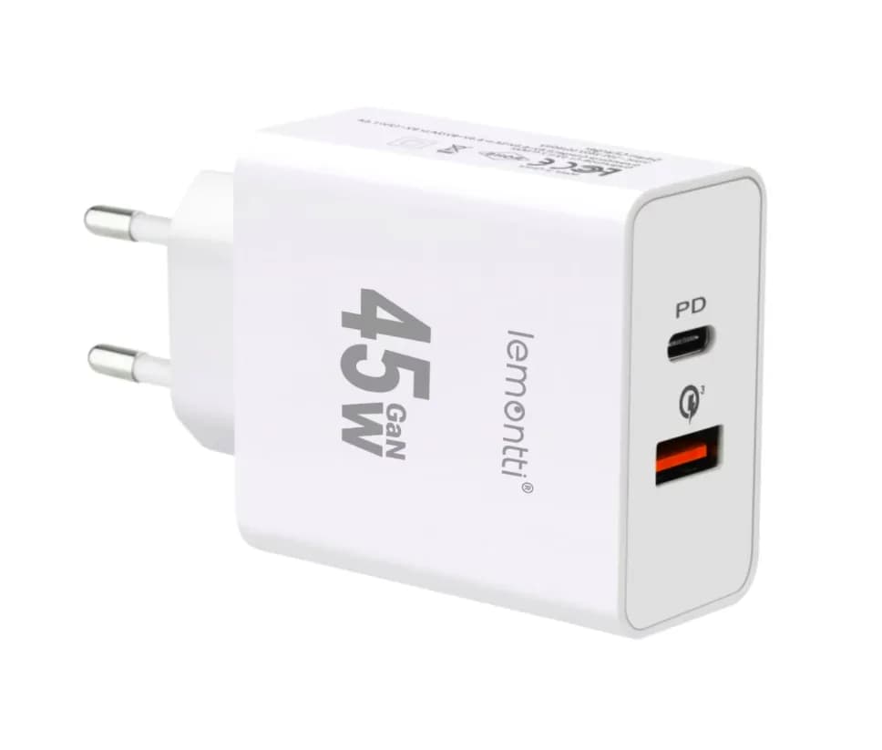 Lemontti Incarcator Retea GaN Fast Charge 45W 1 x PD Type-C + 1 x USB-A Quick Charge 3.0 Alb