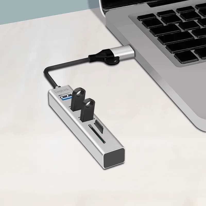 HUB extern LOGILINK, porturi USB: USB 3.0 x 3, conectare prin USB-C 3.0, adaptor conectare USB-A, SD/SDHC + microSD, metal, argintiu, "UA0445" — miniatură