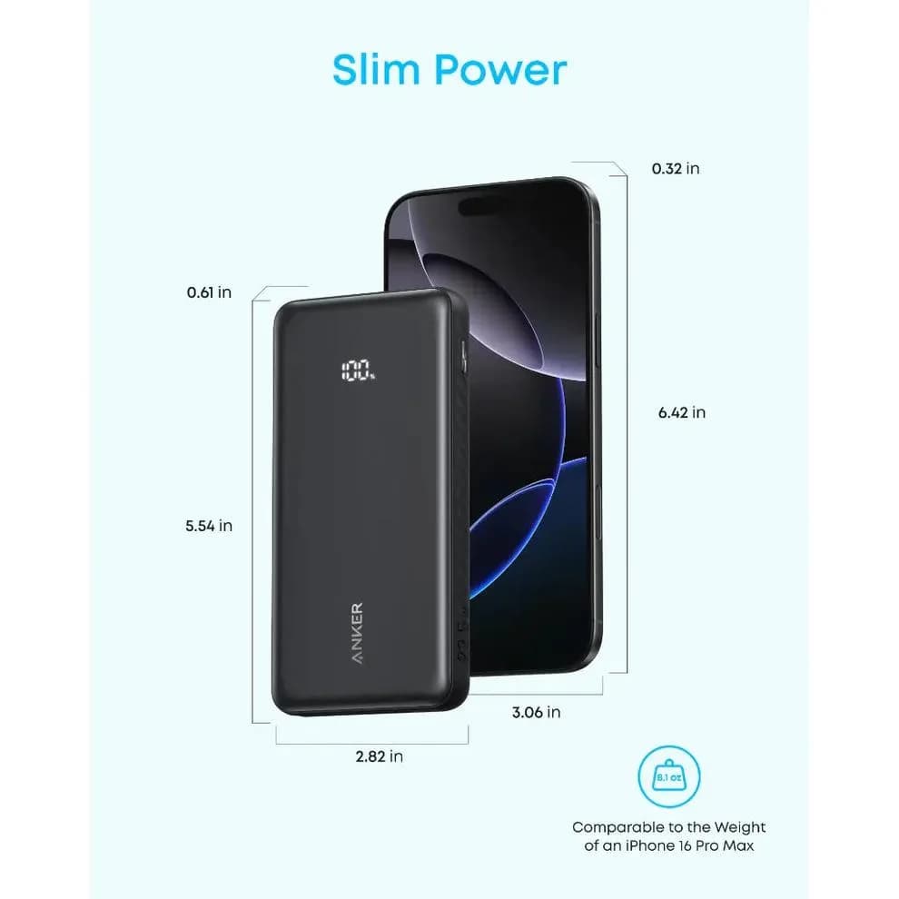 POWER BANK Anker 10.000 mAh, 22.5W Fast charge, 1 x USB-C, 1 x USB-A, afisaj electronic, cablu USB-C inclus, 229, negru, "A110DH11" - 194644291464 — miniatură