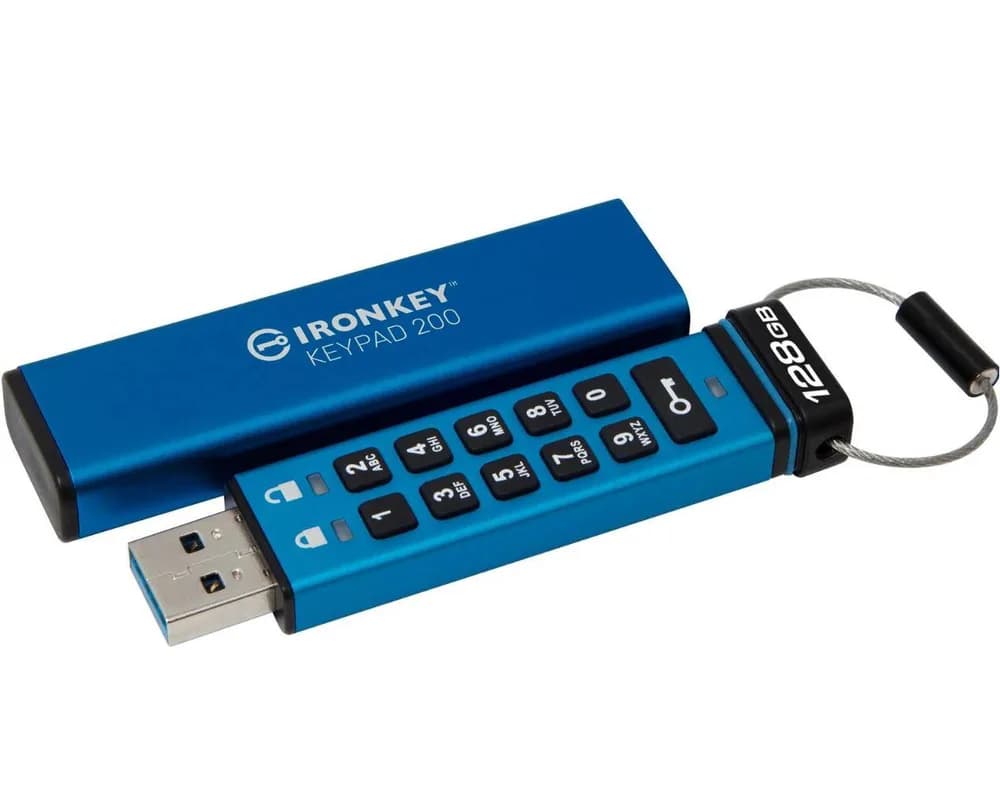 Memorie USB Kingston IronKey Keypad 200 128GB, USB 3.2, Albastru — miniatură