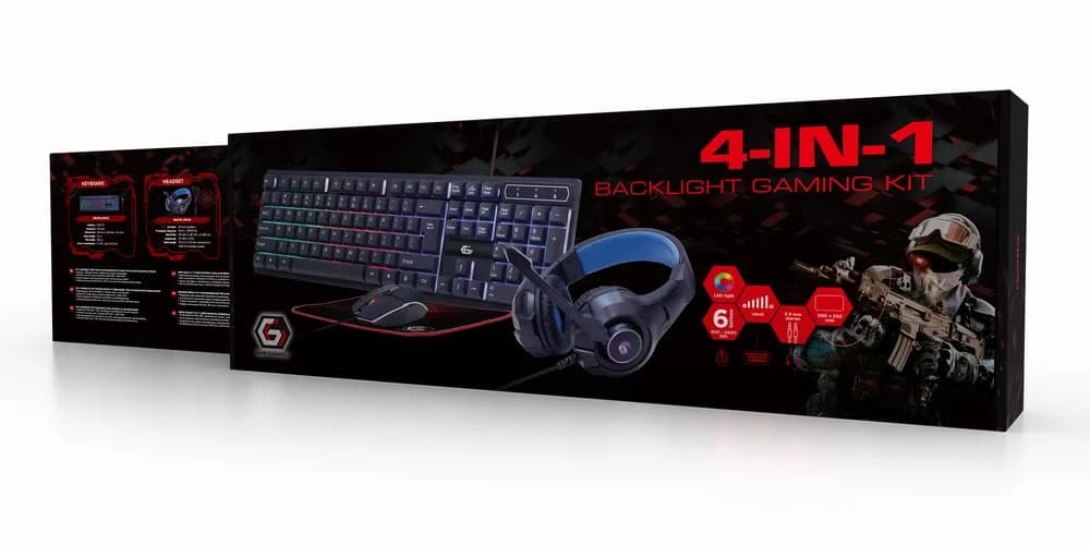 KIT 4-in-1 GEMBIRD, gaming, cu fir, tastatura 104 taste + mouse 2400dpi 6 butoane + casti cu mic 2x3.5" + pad 300x250mm, backlight, USB, black "Ghost" "GGS-UMGL4-02" — miniatură