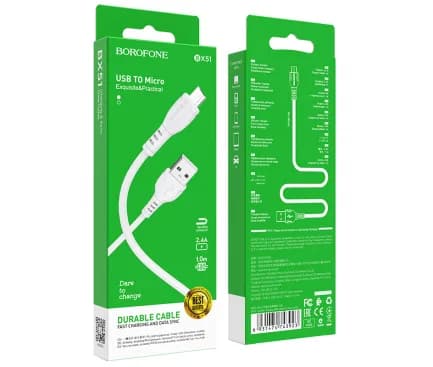 CABLU alimentare si date Borofone "BX51", Charging Data Cable pt. smartphone, USB la microUSB, 3A, 1m, alb "6931474743923" — miniatură