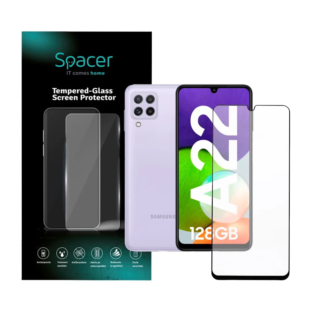 FOLIE STICLA Spacer pentru Samsung Galaxy A22 4G, grosime 0.3mm, acoperire totala ecran, strat special anti-ulei si anti-amprenta, Tempered Glass, sticla 9D, duritate 9H "SPPG-SM-GX-A224G-TG"