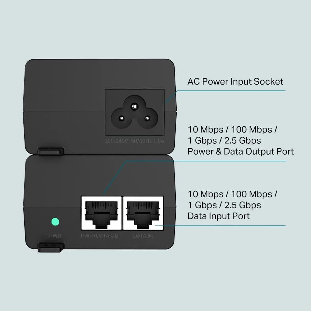"2.5G PoE+ Injector Adapter PORT: 1× 2.5G PoE Port, 1× 2.5G Non-PoE Port SPEC: 802.3at/af Compliant, Data and Power Carried over The Same Cable Up to 100 Meters, Plastic Case, Pocket Size" — miniatură