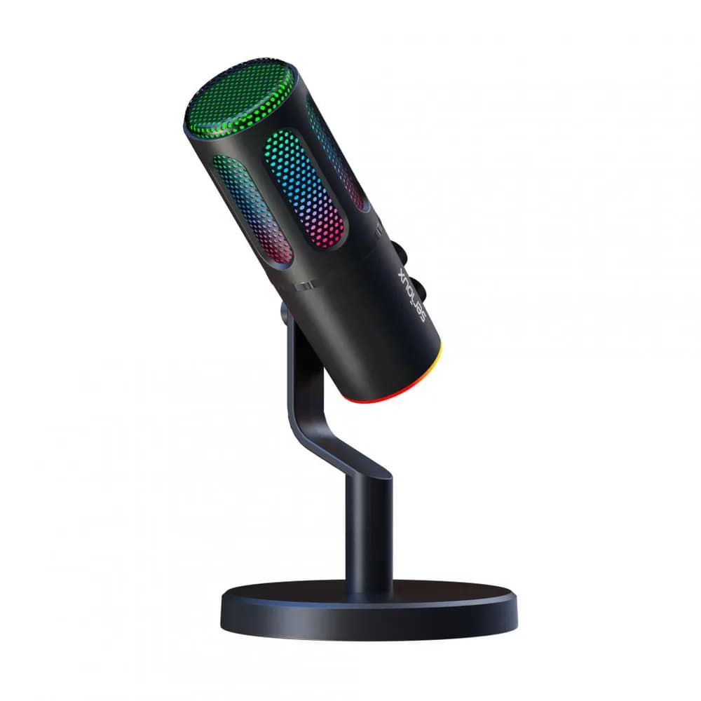 Microfon Gaming de birou Serioux SU8, condenser, unidirectional, frecventa raspuns 20-20KHz, sensibilitate maxima -11DBFS la 80 dB SPL, rata de esantionare 48KHz, rata de biti 16/24bit, raport semnal zgomot 75dB, interfata 3.5mm si USB-C, putere intrare 5V, 200mA, greutate 325g, iluminare RGB — miniatură