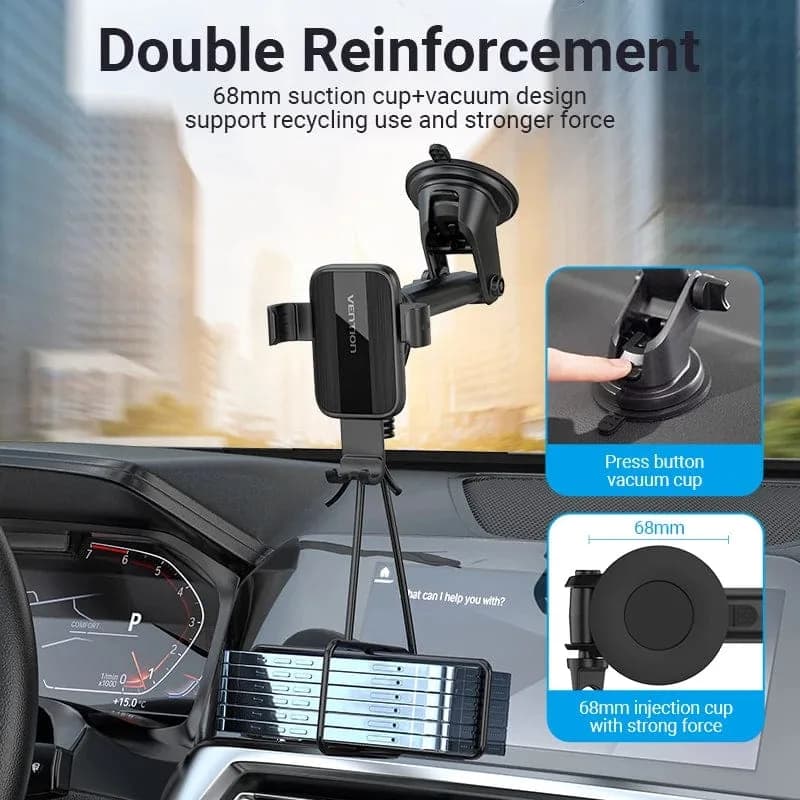 Suport AUTO Vention pt SmartPhone, fixare parbriz sau bord prin ventuza, unghi reglabil, device compatibil 4.7-7.2inch, negru, "KCOB0" - 6922794764866 — miniatură