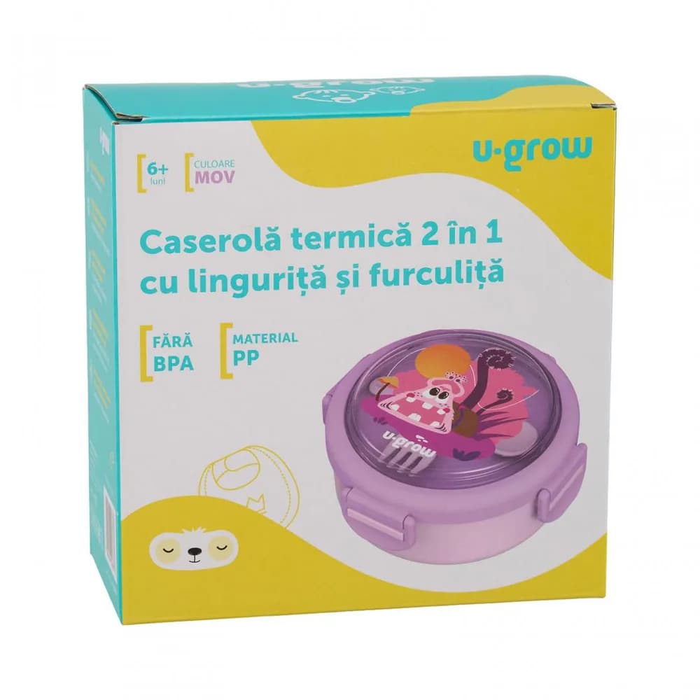 Caserola termica cu lingurita si furculita, mov, U-Grow — miniatură