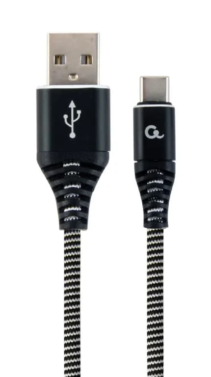 CABLU alimentare si date GEMBIRD, pt. smartphone, USB 2.0 (T) la USB 2.0 Type-C (T), 2m, premium, cablu metalic, negru cu insertii albe, "CC-USB2B-AMCM-2M-BW"