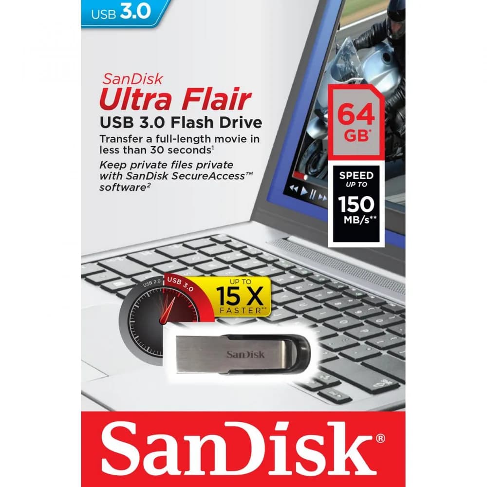 Memorie USB SanDisk Ultra Flair 64 GB, USB 3.0, Negru — miniatură