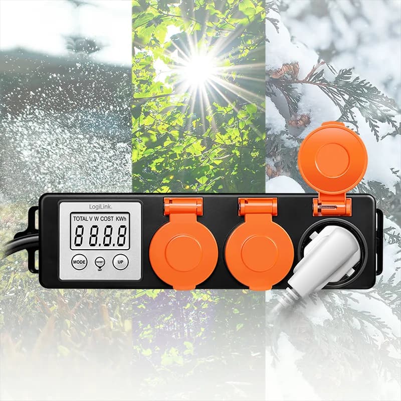 PRELUNGITOR LOGILINK, Schuko x 3, cablu 3G 1.5mm2, 230 V/16 A, 50 Hz, max. 3500 W, contor cost energetic, LCD, 3 butoane operare, IP44, de exterior, 1.4m, negru-portocaliu, "EM0008" — miniatură