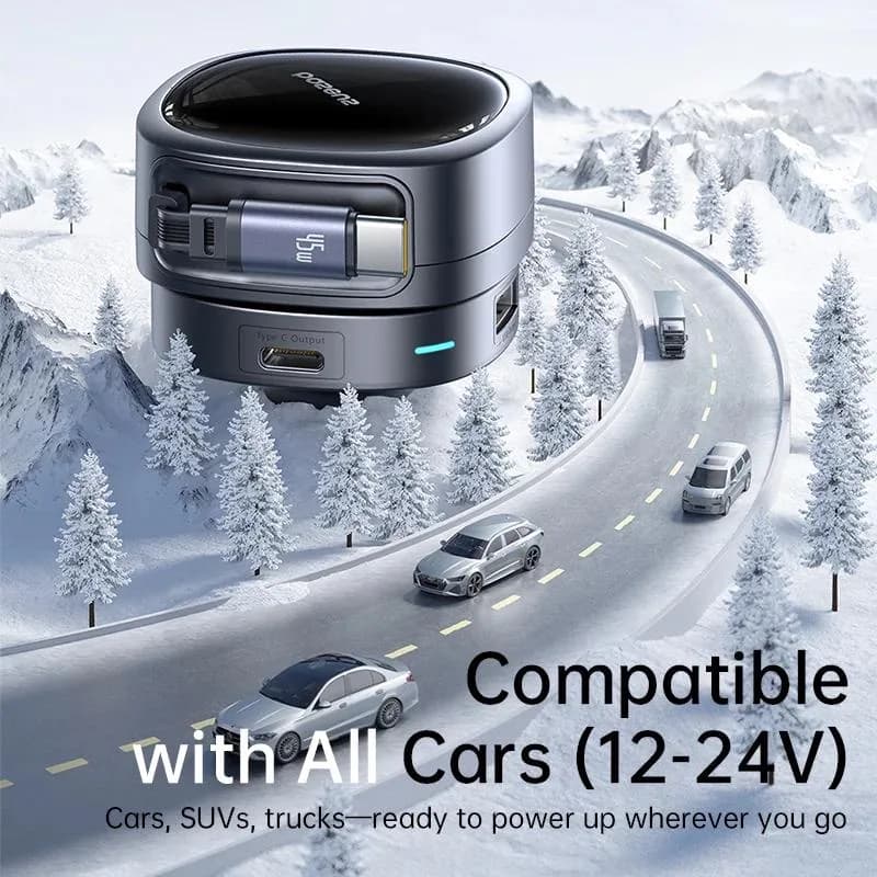 INCARCATOR auto Baseus PrimeTrip VR1, Quick Charge 60W, 1 x USB, 2 x USB Type-C, pt. bricheta auto, cablu retractabil, negru "C00069001121-00" - 6932172690274 — miniatură