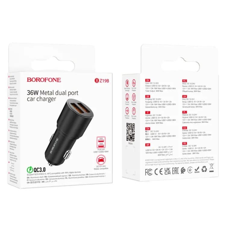 INCARCATOR auto Borofone "BZ19B", pt. bricheta auto, 2 x USB, putere totala 36W, negru "6941991101472" — miniatură