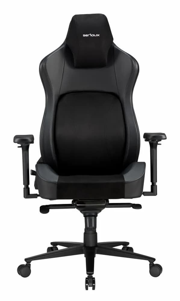 Scaun Gaming Serioux Prime, Capacitate greutate: 150 kg, Material suprafață: Piele, Material textil, Tip cotieră: Cotieră 4D, Tip mecanism: Mecanism tip broască, Tip pârghie pneumatică: 100 mm, ridicare pe gaz clasa 4, Tip bază: 350 mm, bază din aluminiu, Tip roți: 60 mm, roți din poliuretan — miniatură